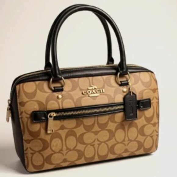 COACH AUTHENTICATED Rowan Satchel Signature Canvas Brown/Black Crossbody NWT Tag - Picture 1 of 10